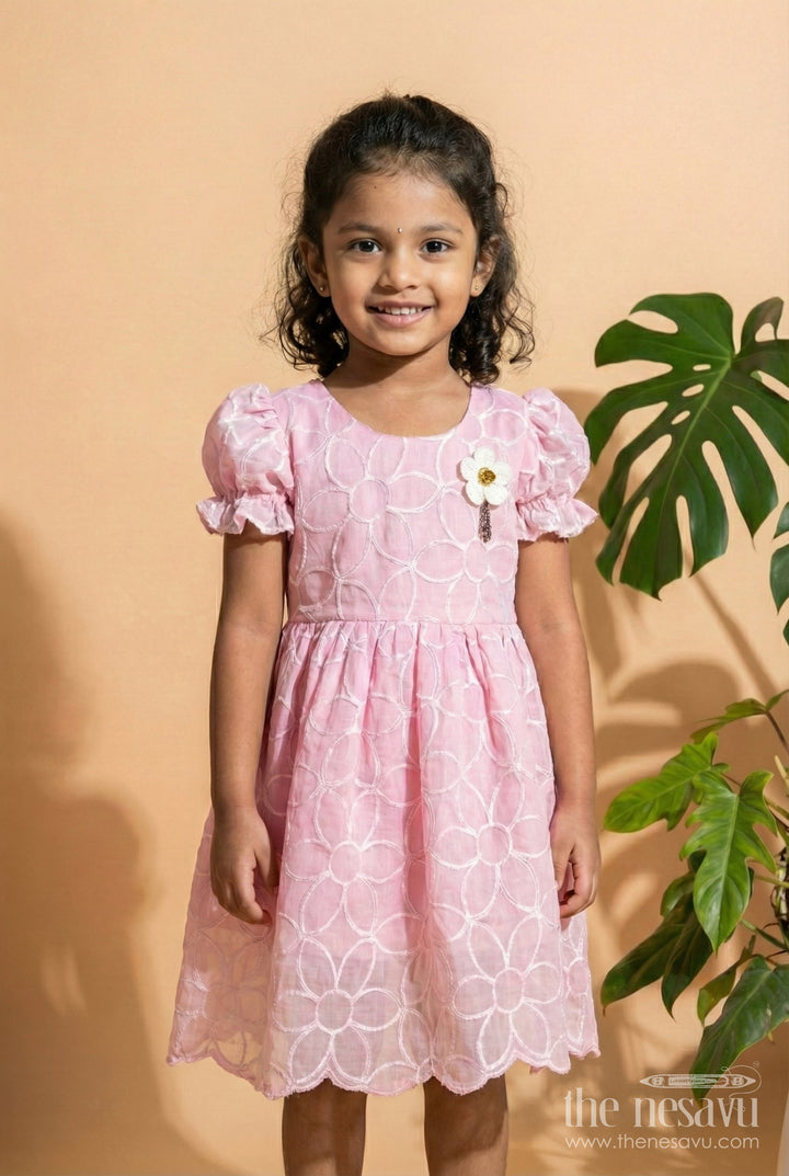 The Nesavu Girls Fancy Frock Girls Pink Embroidered Organza Frock with Floral Brooch for Festive Wear Nesavu 20 (3Y) / Pink GFC1826B-20 Nesavu girls pink embroidered organza frock puff sleeves floral brooch birthdays