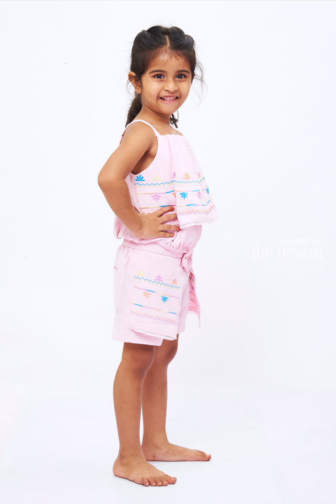 The Nesavu Baby Casual Sets Girls Pink Embroidered Top and Shorts Set - Charming Summer Ensemble Nesavu Embroidered Summer Top and Shorts Set for Girls | Pink Playwear | The Nesavu