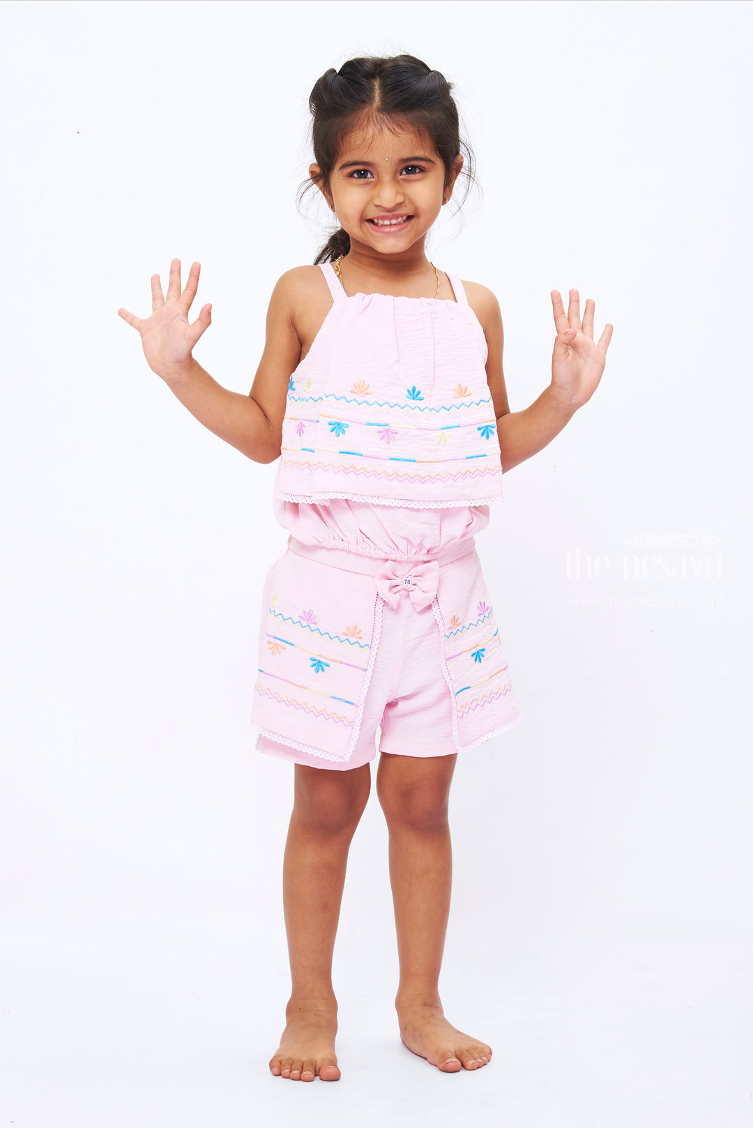The Nesavu Baby Casual Sets Girls Pink Embroidered Top and Shorts Set - Charming Summer Ensemble Nesavu Embroidered Summer Top and Shorts Set for Girls | Pink Playwear | The Nesavu