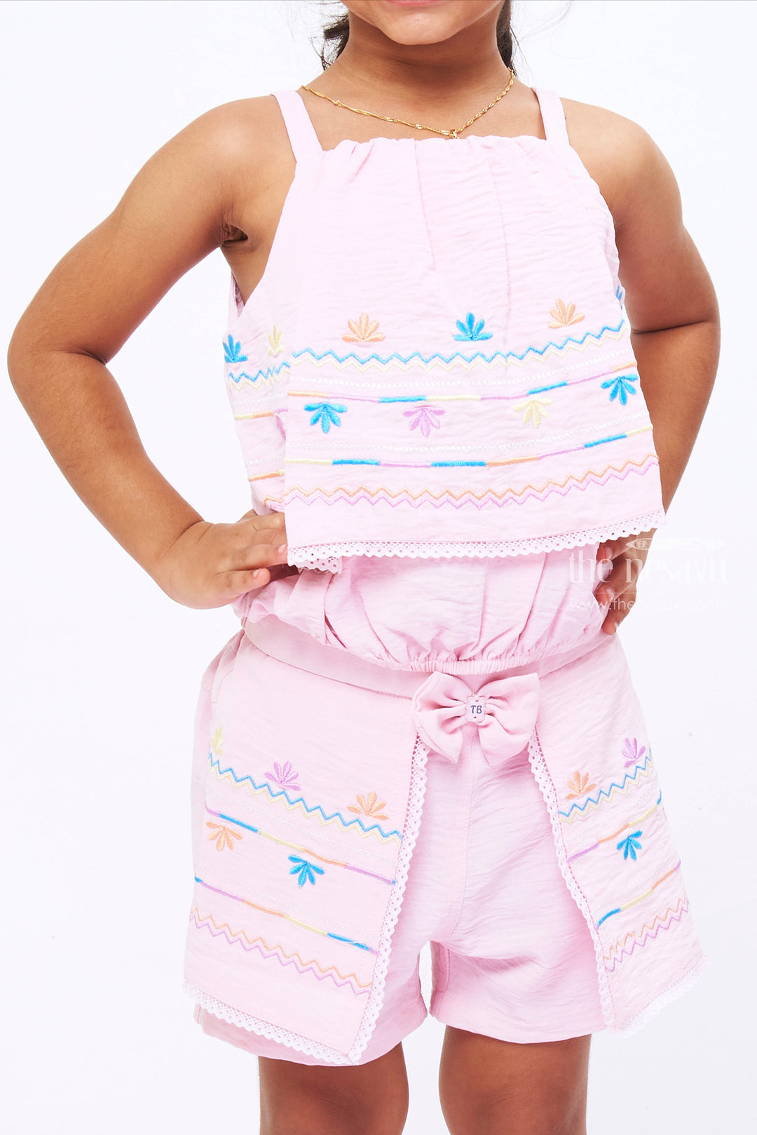 The Nesavu Baby Casual Sets Girls Pink Embroidered Top and Shorts Set - Charming Summer Ensemble Nesavu Embroidered Summer Top and Shorts Set for Girls | Pink Playwear | The Nesavu