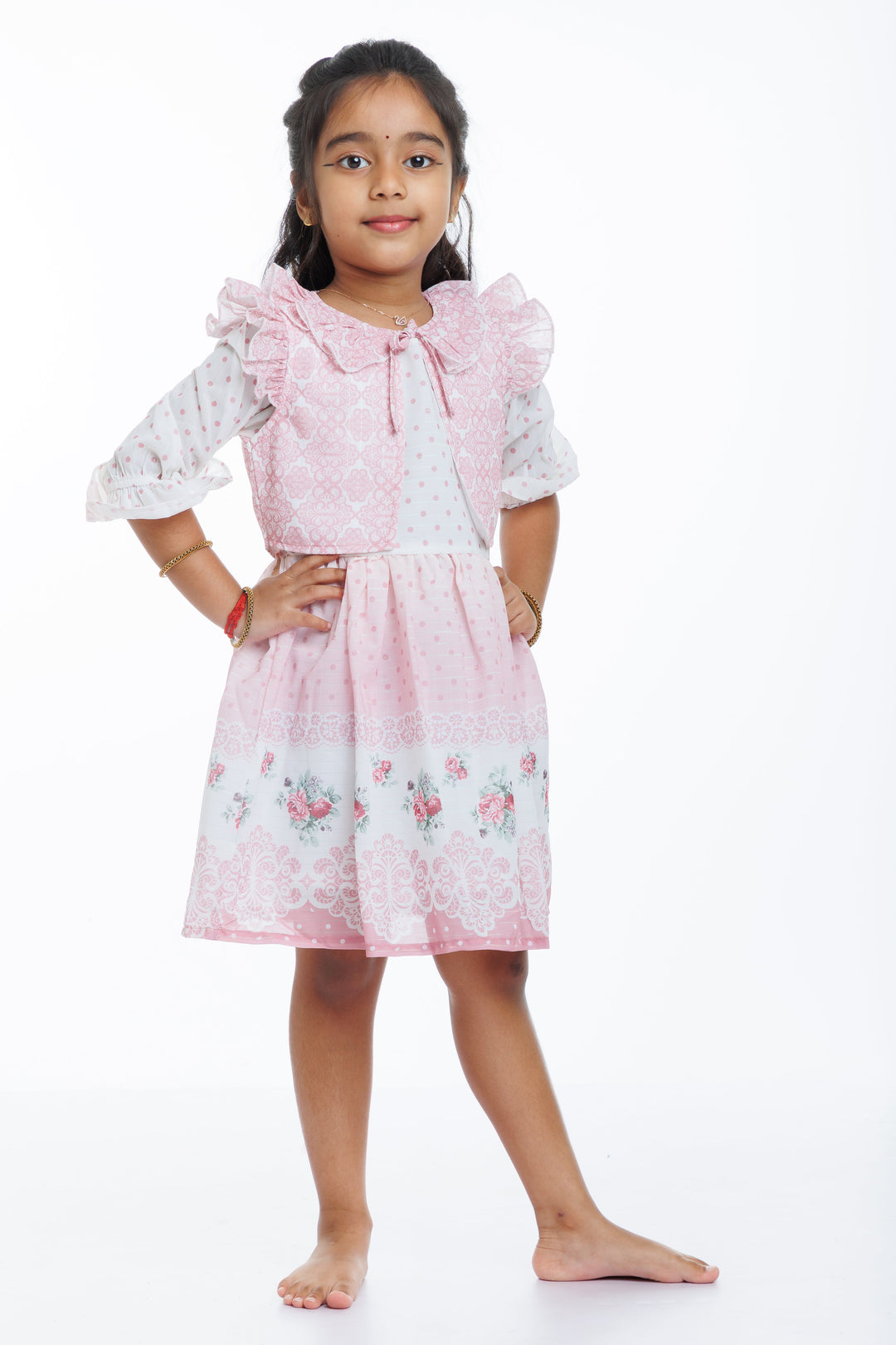 The Nesavu Girls Fancy Frock Girls Pink Fancy Frock with Lace Detailing and Matching Sheer Jacket Nesavu 20 (3Y) / Pink / Georgette GFC1289B-20 Buy Girls Pink Lace Fancy Frock with Sheer Jacket | Perfect Party Dress | The Nesavu