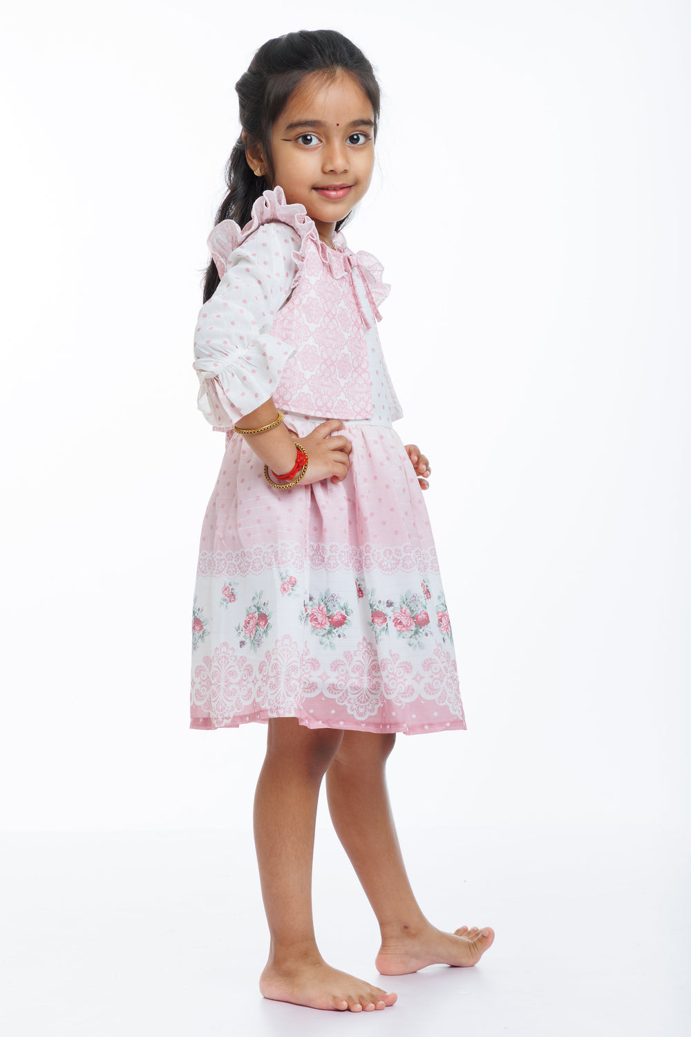 The Nesavu Girls Fancy Frock Girls Pink Fancy Frock with Lace Detailing and Matching Sheer Jacket Nesavu Buy Girls Pink Lace Fancy Frock with Sheer Jacket | Perfect Party Dress | The Nesavu