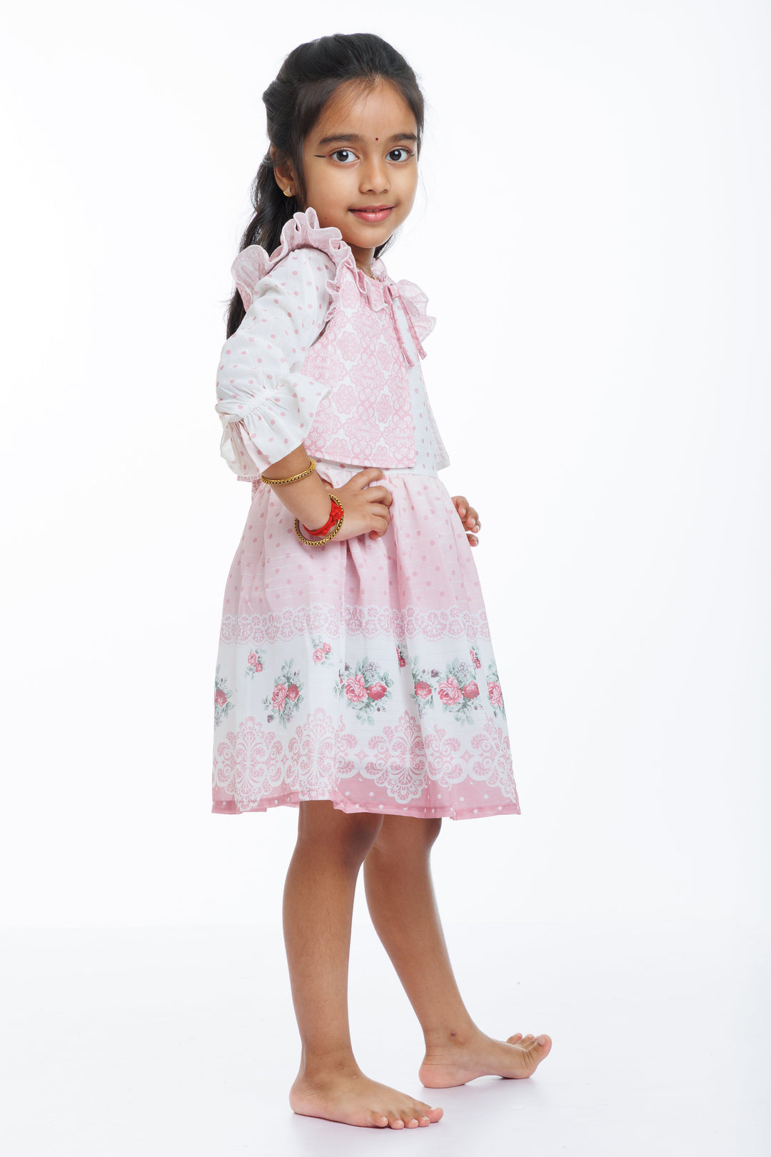 The Nesavu Girls Fancy Frock Girls Pink Fancy Frock with Lace Detailing and Matching Sheer Jacket Nesavu Buy Girls Pink Lace Fancy Frock with Sheer Jacket | Perfect Party Dress | The Nesavu