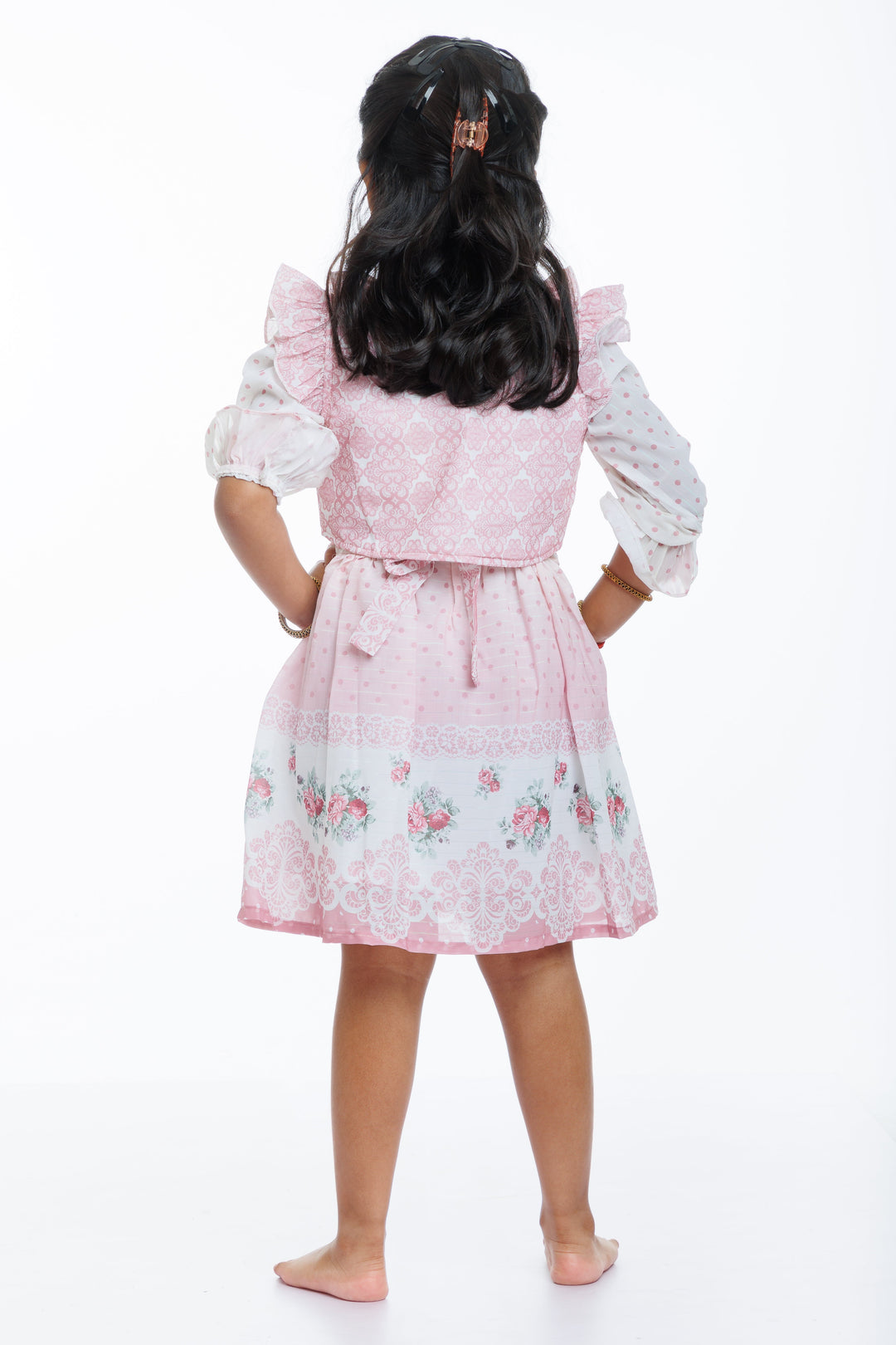 The Nesavu Girls Fancy Frock Girls Pink Fancy Frock with Lace Detailing and Matching Sheer Jacket Nesavu Buy Girls Pink Lace Fancy Frock with Sheer Jacket | Perfect Party Dress | The Nesavu