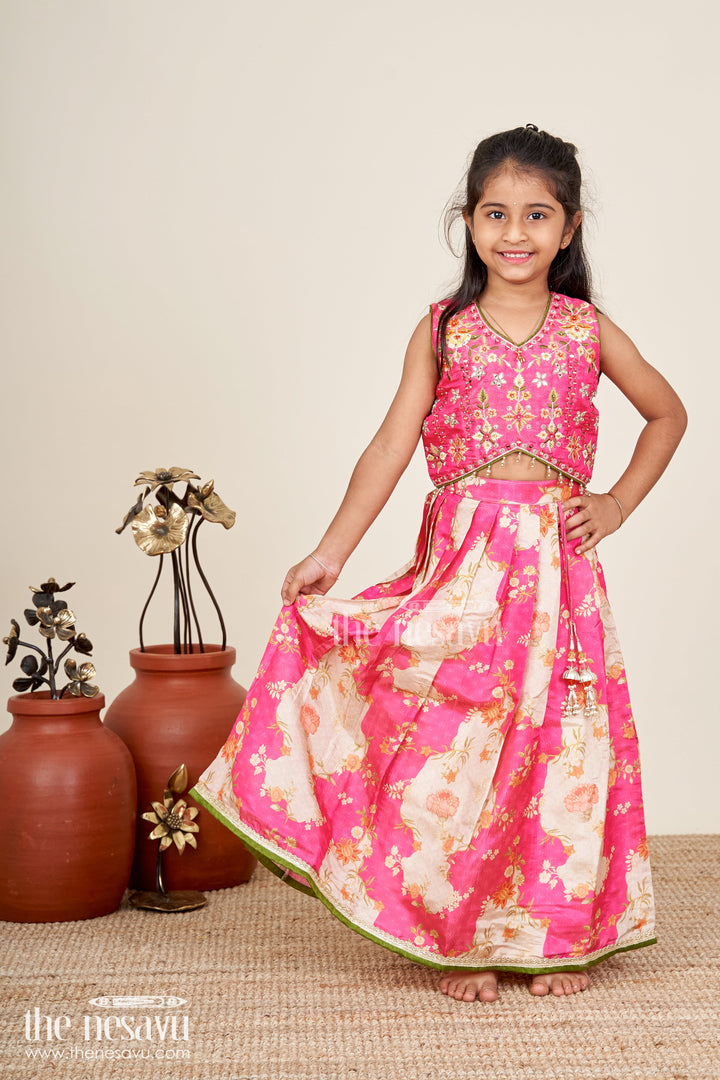The Nesavu Girls Lehenga Choli Girls Pink Floral Lehenga Choli For Birthday Parties And Poojas Nesavu 16 (1Y) / Pink GL744A-16 Nesavu Floral Pink Lehenga Choli Girls Tissue Print Ethnic Outfit Birthdays Poojas