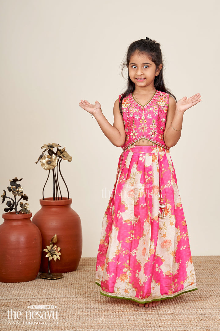 The Nesavu Girls Lehenga Choli Girls Pink Floral Lehenga Choli For Birthday Parties And Poojas Nesavu Nesavu Floral Pink Lehenga Choli Girls Tissue Print Ethnic Outfit Birthdays Poojas