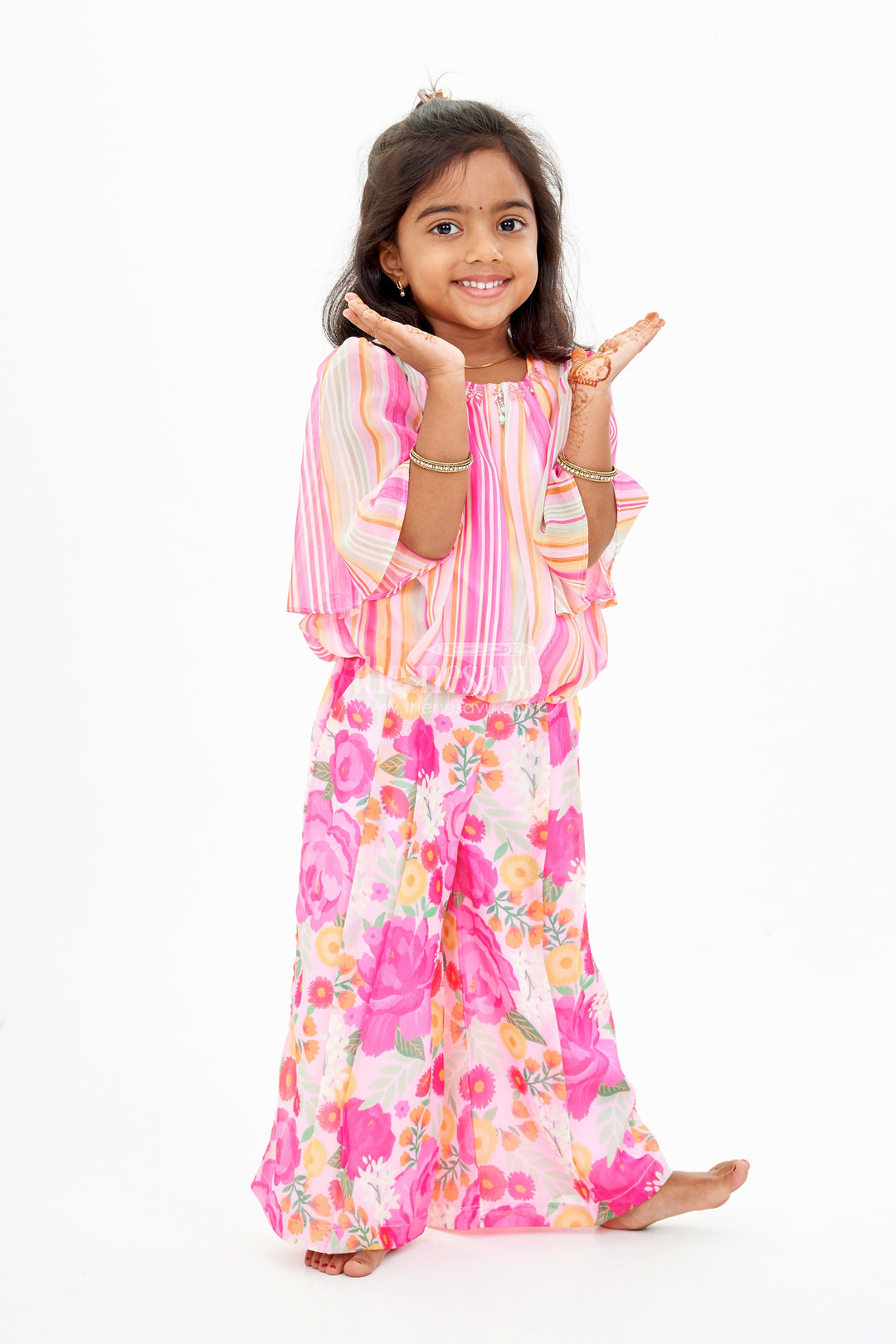 The Nesavu Girls Sharara / Plazo Set Girls Pink Floral Printed Sharara Set with Off-Shoulder Top and Flowy Pants Nesavu 18 (2Y) / Pink GPS514A-18 Nesavu Girls Pink Off-Shoulder Sharara Set Floral Printed Wide-Leg Pants