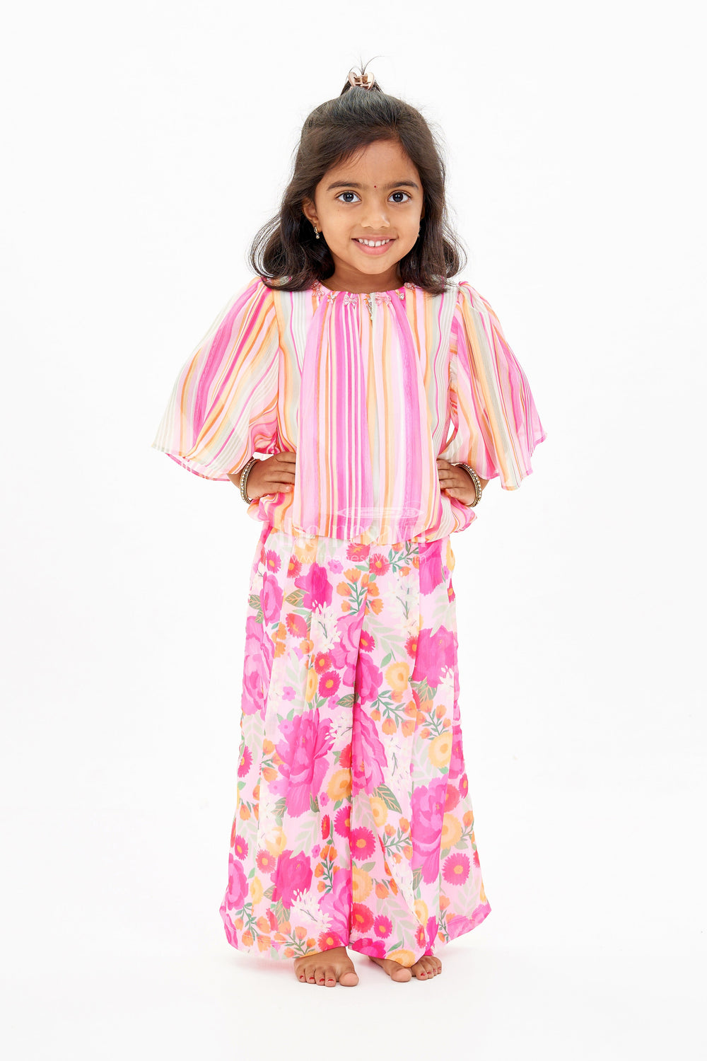 The Nesavu Girls Sharara / Plazo Set Girls Pink Floral Printed Sharara Set with Off-Shoulder Top and Flowy Pants Nesavu Nesavu Girls Pink Off-Shoulder Sharara Set Floral Printed Wide-Leg Pants