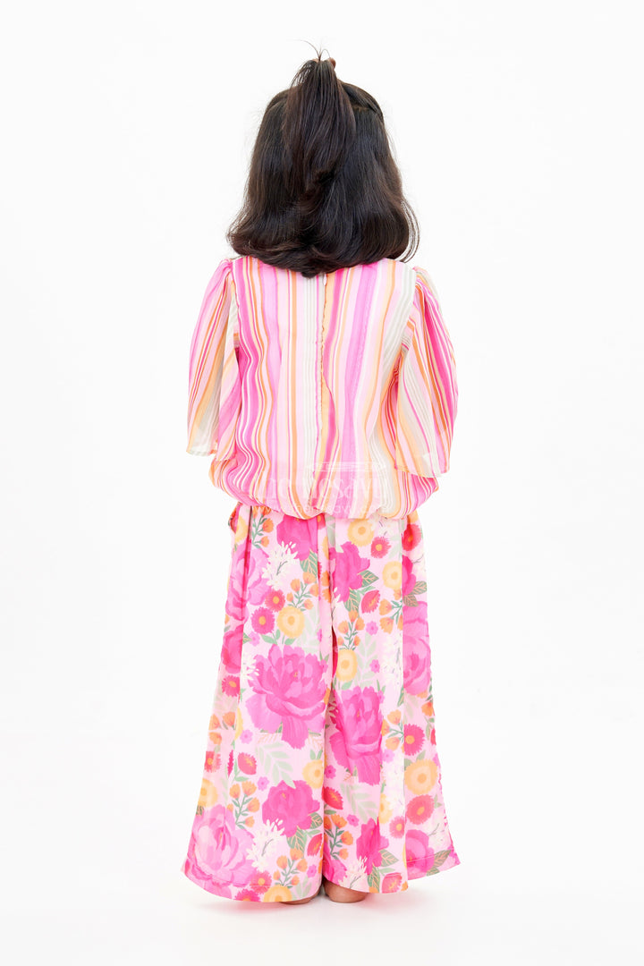 The Nesavu Girls Sharara / Plazo Set Girls Pink Floral Printed Sharara Set with Off-Shoulder Top and Flowy Pants Nesavu Nesavu Girls Pink Off-Shoulder Sharara Set Floral Printed Wide-Leg Pants