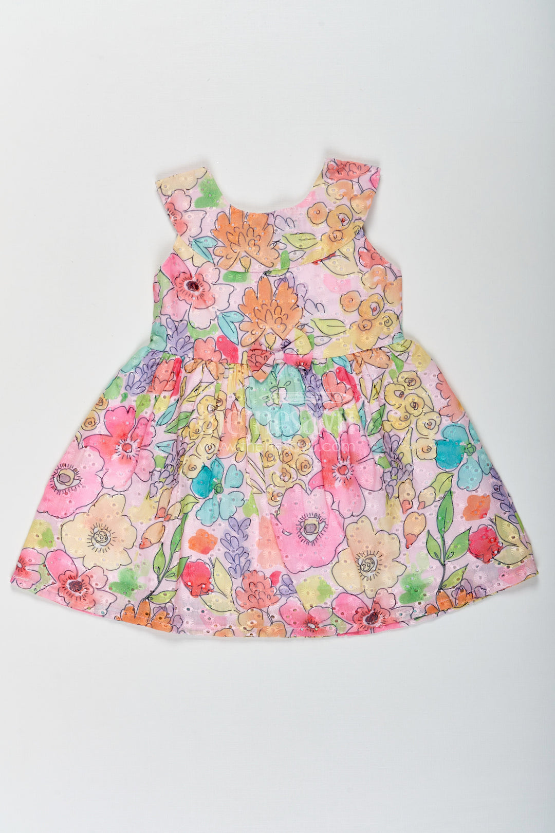 The Nesavu Baby Cotton Frocks Girls Pink Flower Dress with Multicolor Floral Hakoba Print and Adorable Bow Waistline Nesavu 14 (6M) / Multicolor BFJ753C-14 Nesavu Girls Pink Flower Dress Hakoba Cotton Multicolor Floral Print Elegant Bow Accent