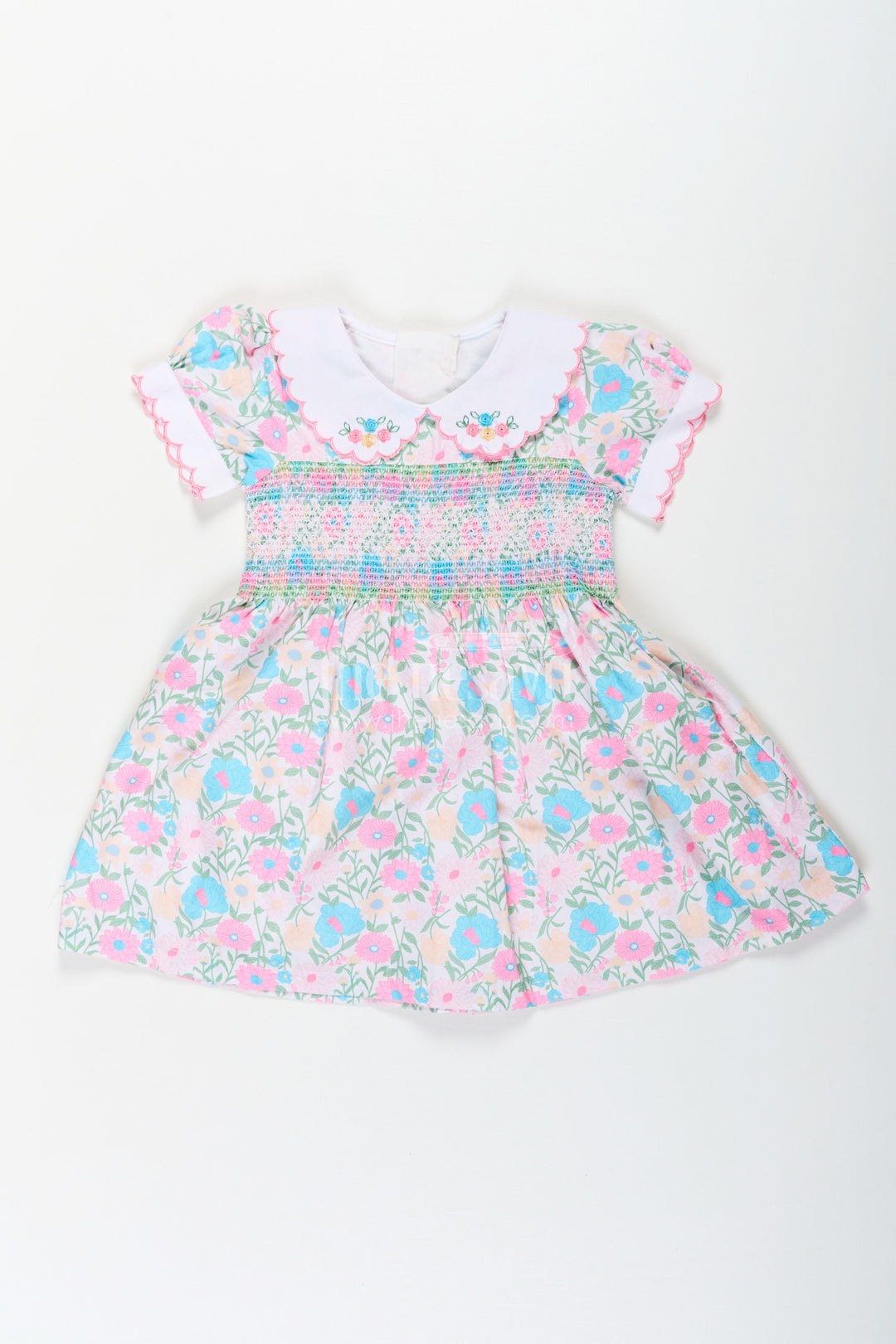 The Nesavu Girls Cotton Frock Girls Pink Flower Print Dress in Cotton with Embroidered Collar and Smocking for a Sweet Vintage Look Nesavu 18 (2Y) / Pink GFC1681A-18 Nesavu Girls Cotton Pink Flower Print Dress Embroidered Collar Smocking Classic Comfort