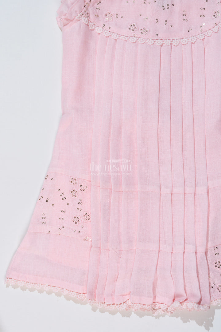The Nesavu Girls Cotton Frock Girls Pink Frock for Kids with Floral Embroidery and Ruffled Sleeves for Special Occasions Nesavu Nesavu Girls Pink Frock Kids Embroidery Pleated Design Festive Wear
