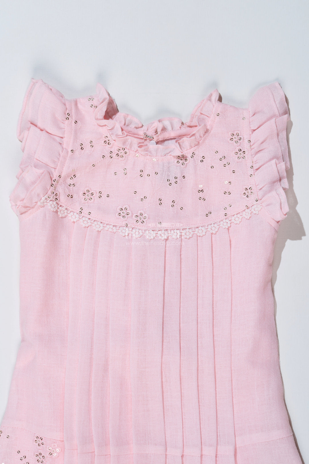 The Nesavu Girls Cotton Frock Girls Pink Frock for Kids with Floral Embroidery and Ruffled Sleeves for Special Occasions Nesavu Nesavu Girls Pink Frock Kids Embroidery Pleated Design Festive Wear