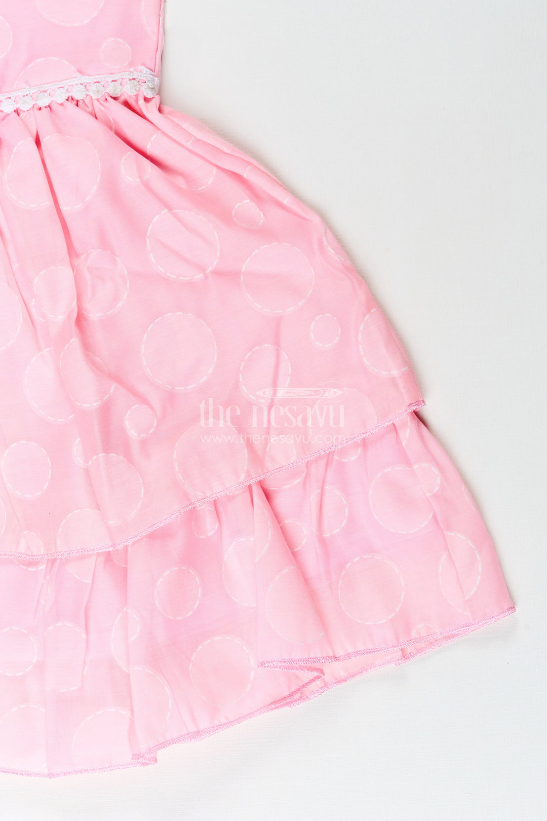 The Nesavu Girls Fancy Frock Girls pink georgette frock with polka dots for birthday celebrations Nesavu Nesavu girls pink georgette frock polka dots birthdays festive occasions