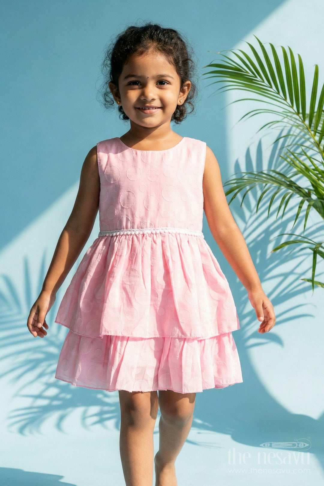 The Nesavu Girls Fancy Frock Girls Pink Georgette Frock with Polka Dots for Birthday Celebrations Nesavu Nesavu girls pink georgette frock polka dots birthdays festive occasions