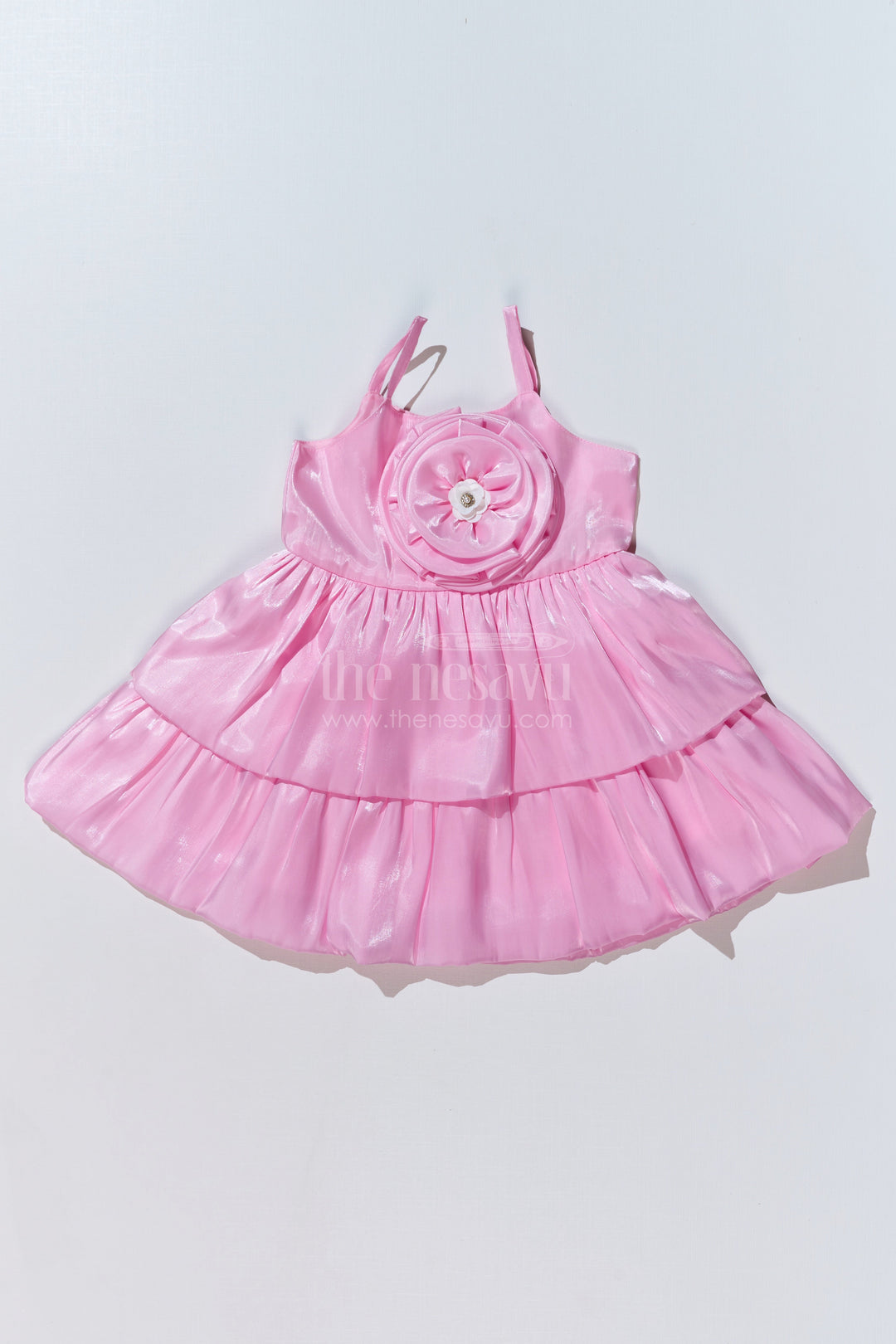 The Nesavu Girls Fancy Party Frock Girls Pink Glaze Satin Organza Birthday Party Frock with Layered Ruffles and Floral Appliqué Nesavu 14 (6M) / Pink PF199A-14 Nesavu Girls Pink Glaze Satin Organza Birthday Party Frock Ruffles Floral Appliqu
