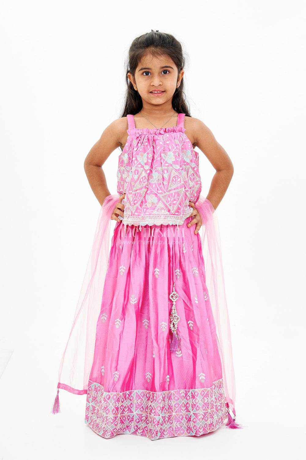The Nesavu Girls Lehenga Choli Girls Pink Lehenga Designs with Embroidered Choli and Mirror Work Borders Nesavu Nesavu Girls Pink Lehenga Designs Embroidered Choli Mirror Work Borders