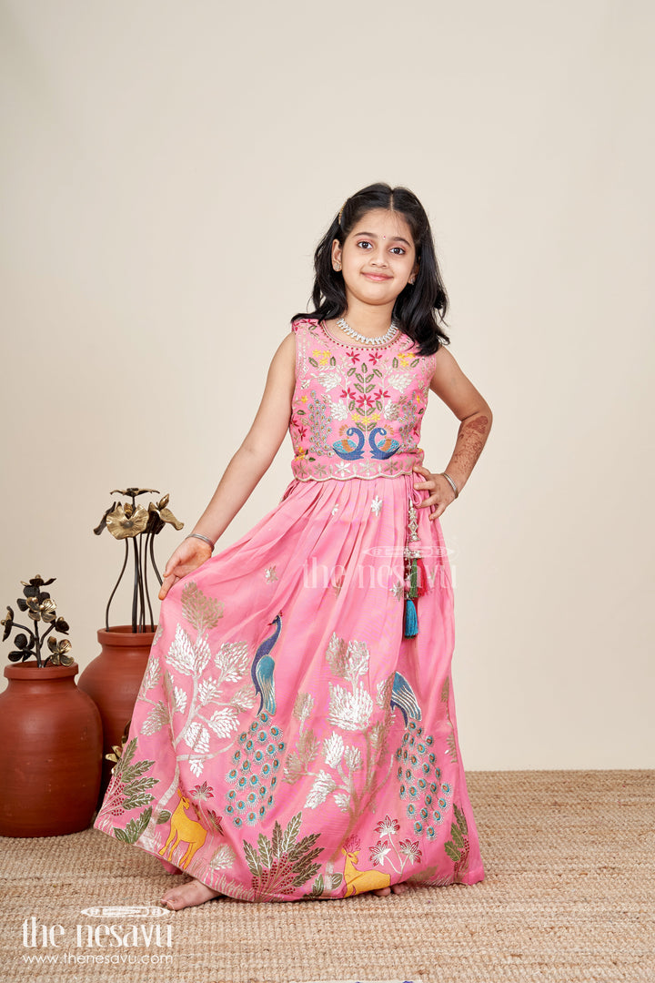 The Nesavu Girls Lehenga Choli Girls Pink Lehenga in Kora Silk Cotton with Peacock Thread Embroidery and Sleeveless Choli Design Nesavu Nesavu Girls Pink Lehenga Kora Silk Cotton Peacock Embroidery Sleeveless Choli Dupatta