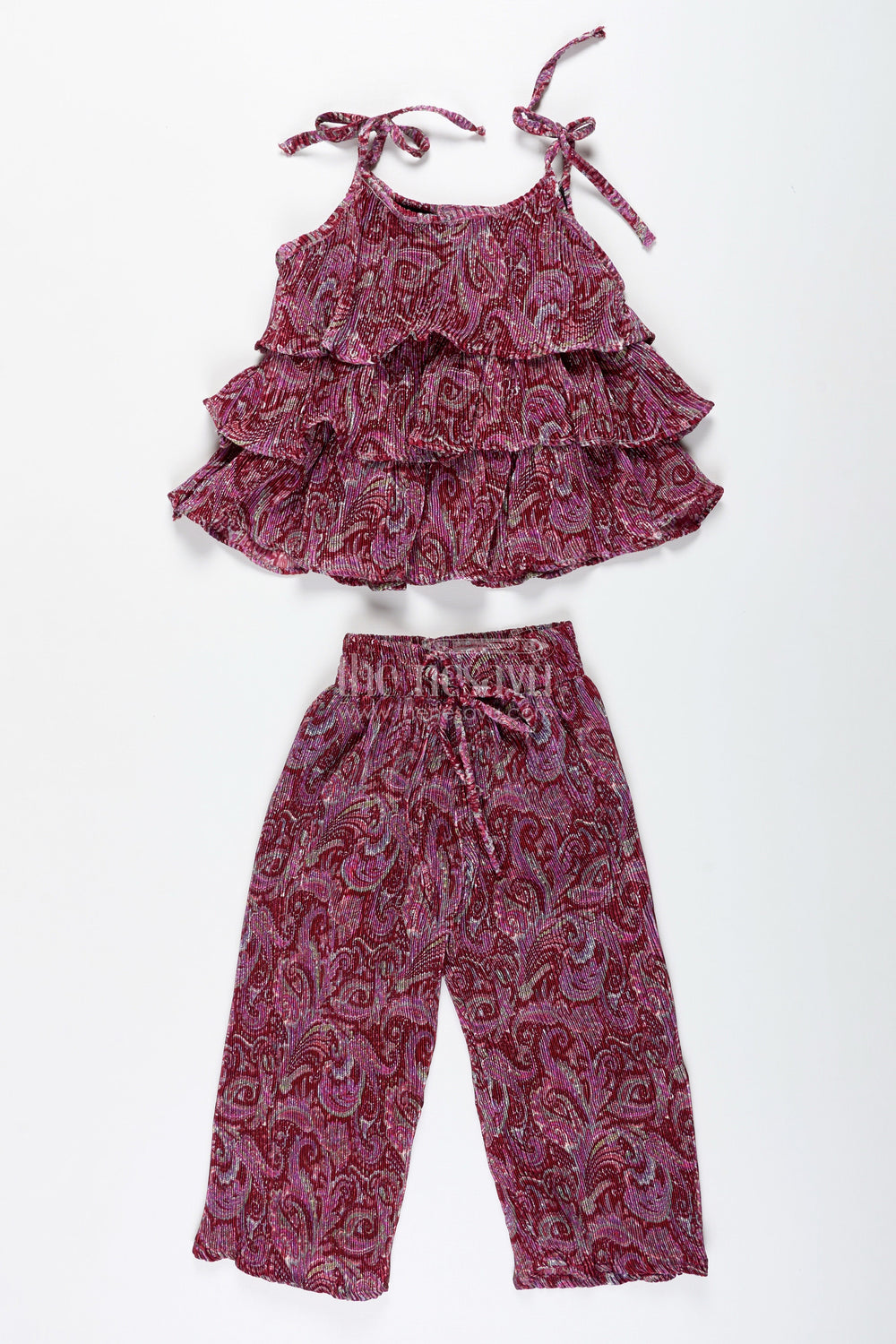 The Nesavu Girls Co-Ord Sets Girls Pink Printed Sharara Set with Layered Frill Top for Weddings and Functions Nesavu 20 (3Y) / Pink GPS732A-20 Nesavu Pink Girls Sharara Outfit Frill Top Festive Chinon Set Weddings Family Events