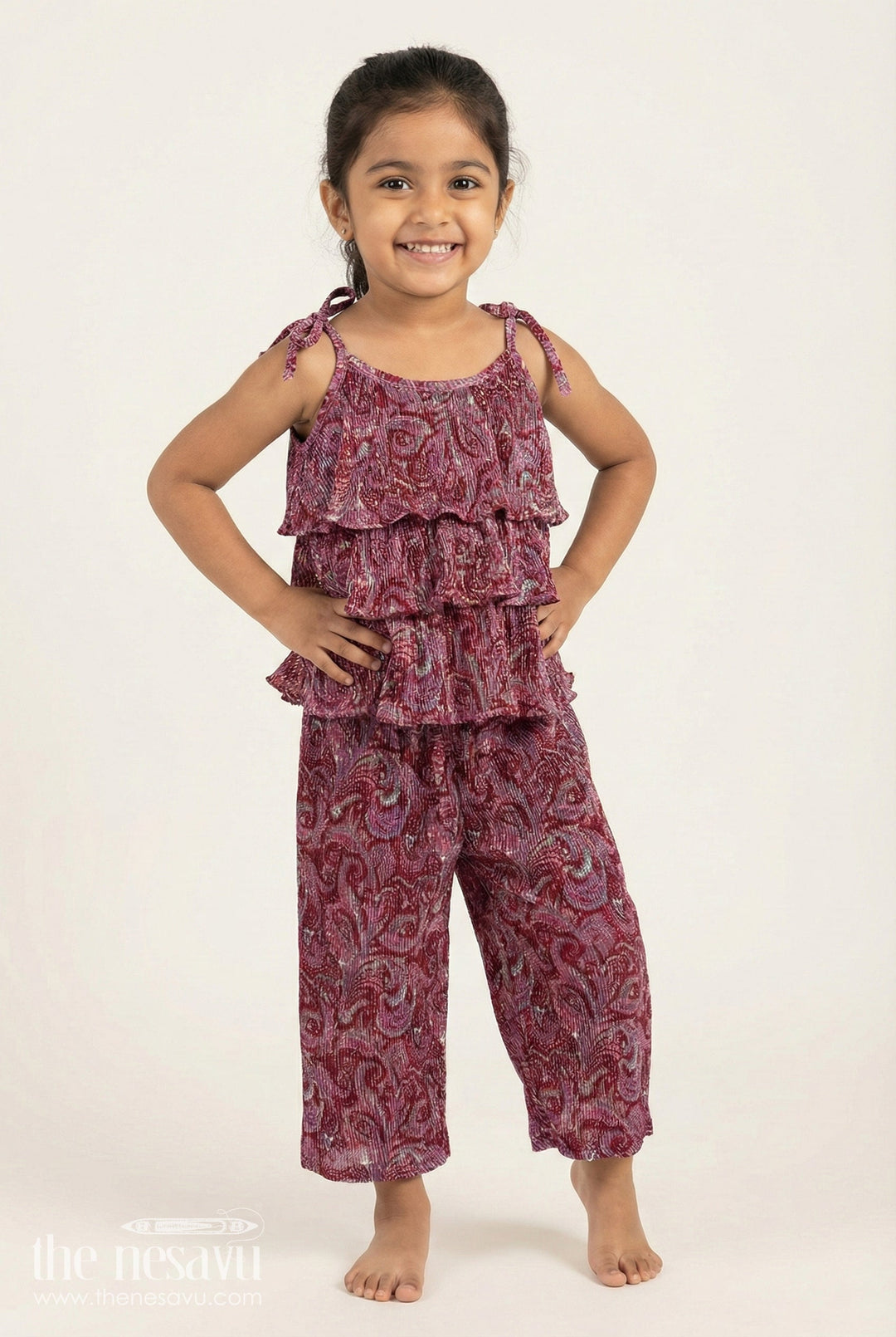 The Nesavu Girls Co-Ord Sets Girls Pink Printed Sharara Set with Layered Frill Top for Weddings and Functions Nesavu 20 (3Y) / Pink GPS732A-20 Nesavu Pink Girls Sharara Outfit Frill Top Festive Chinon Set Weddings Family Events