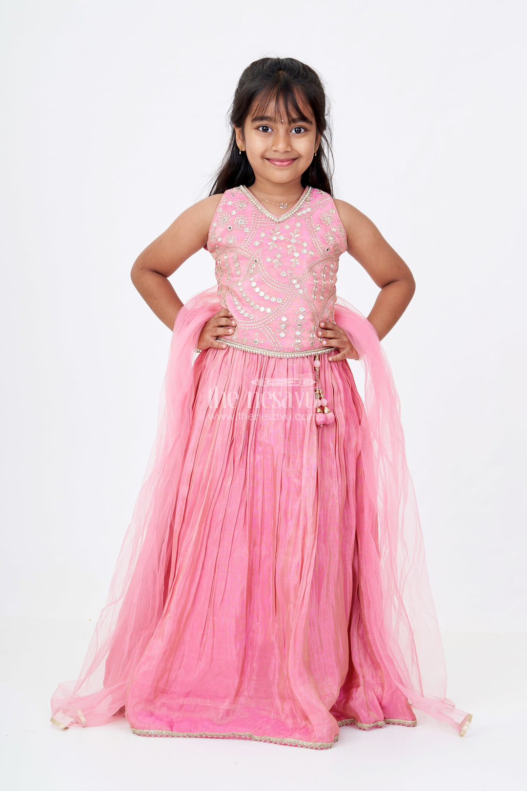 The Nesavu Girls Lehenga Choli Girls Pink Reception Lehengas with Mirror Work Halter Blouse and Flowing Silk Skirt Nesavu 16 (1Y) / Pink GL565B-16 Nesavu Elegant Pink Halter Neck Reception Lehenga Mirror Embellished Blouse