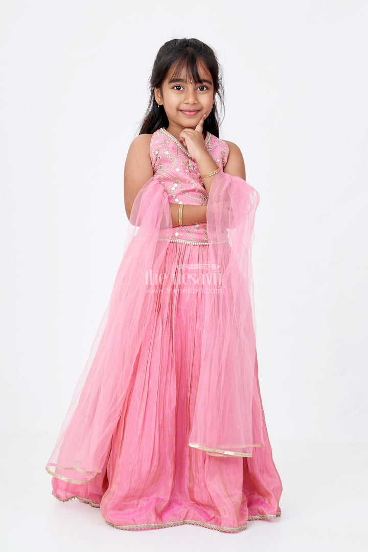 The Nesavu Girls Lehenga Choli Girls Pink Reception Lehengas with Mirror Work Halter Blouse and Flowing Silk Skirt Nesavu Nesavu Elegant Pink Halter Neck Reception Lehenga Mirror Embellished Blouse
