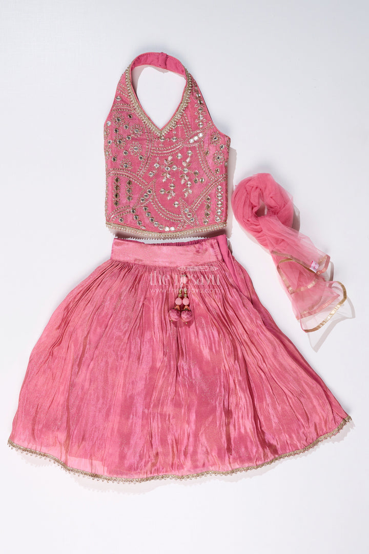 The Nesavu Girls Lehenga Choli Girls Pink Reception Lehengas with Mirror Work Halter Blouse and Flowing Silk Skirt Nesavu Nesavu Elegant Pink Halter Neck Reception Lehenga Mirror Embellished Blouse
