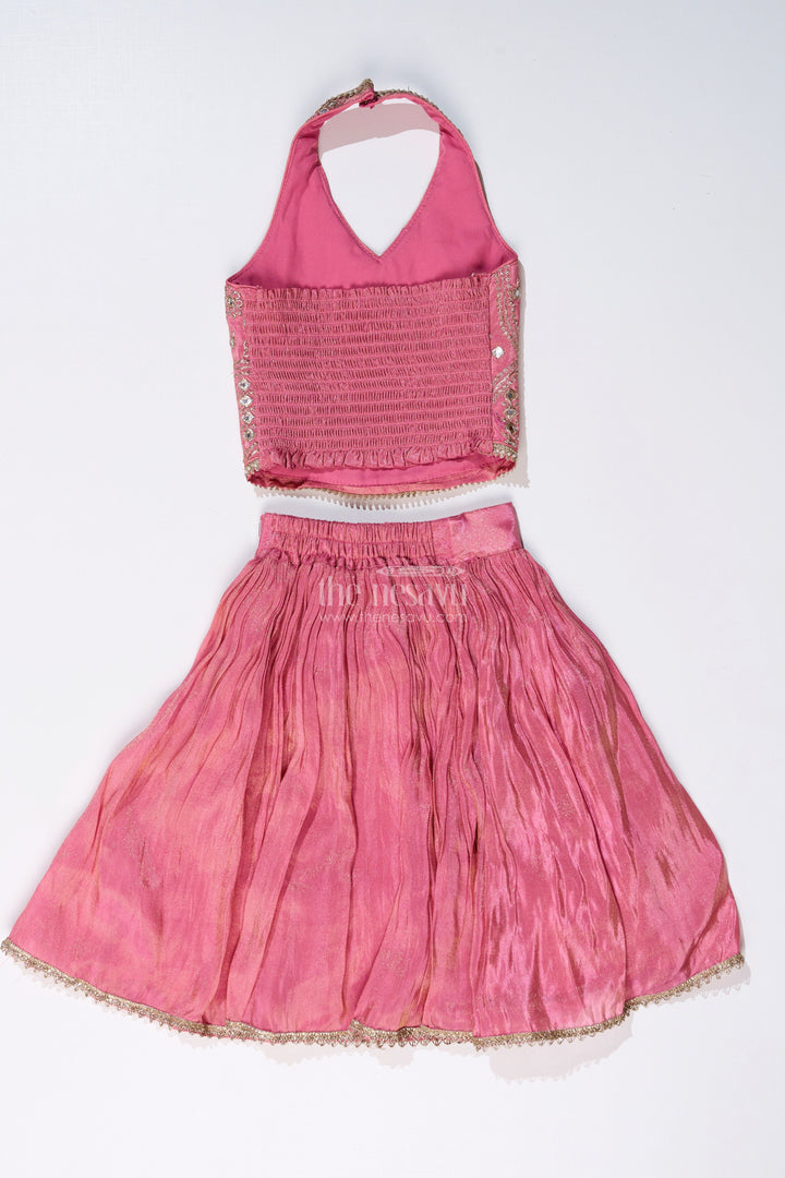 The Nesavu Girls Lehenga Choli Girls Pink Reception Lehengas with Mirror Work Halter Blouse and Flowing Silk Skirt Nesavu Nesavu Elegant Pink Halter Neck Reception Lehenga Mirror Embellished Blouse