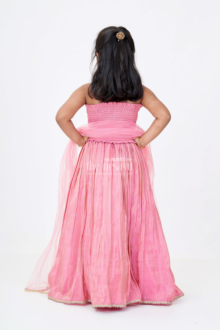 The Nesavu Girls Lehenga Choli Girls Pink Reception Lehengas with Mirror Work Halter Blouse and Flowing Silk Skirt Nesavu Nesavu Elegant Pink Halter Neck Reception Lehenga Mirror Embellished Blouse