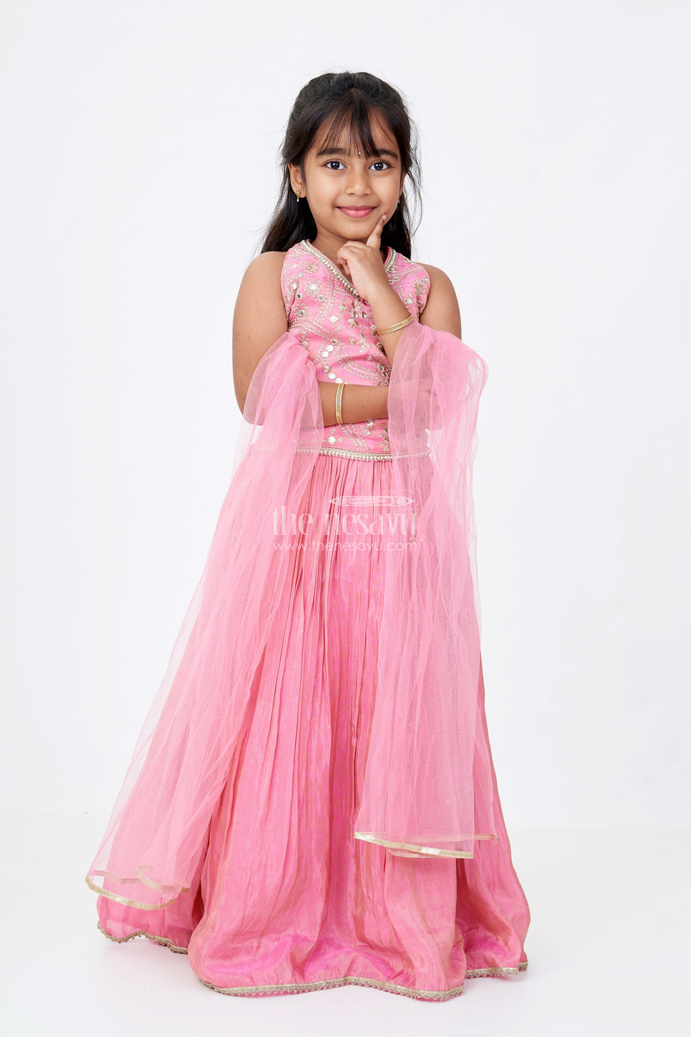 The Nesavu Girls Lehenga Choli Girls Pink Reception Lehengas with Mirror Work Halter Blouse and Flowing Silk Skirt Nesavu Nesavu Elegant Pink Halter Neck Reception Lehenga Mirror Embellished Blouse