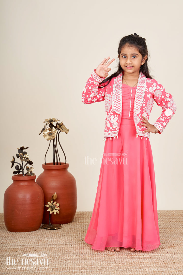The Nesavu Girls Sharara / Plazo Set Girls Pink Sharara Set With Designer Embroidery For Celebrations Nesavu 24 (5Y) / Red GPS800B-24 Nesavu Girls Pink Sharara Set Embroidered Jacket Georgette Festive Outfit Weddings Events