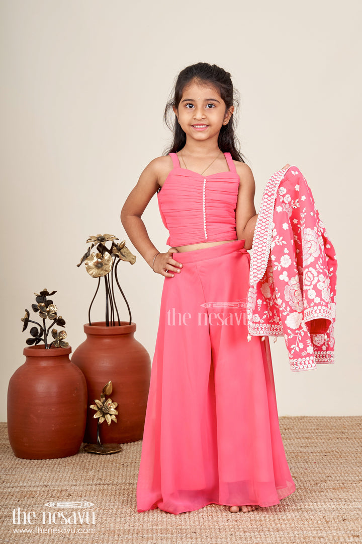 The Nesavu Girls Sharara / Plazo Set Girls Pink Sharara Set With Designer Embroidery For Celebrations Nesavu Nesavu Girls Pink Sharara Set Embroidered Jacket Georgette Festive Outfit Weddings Events