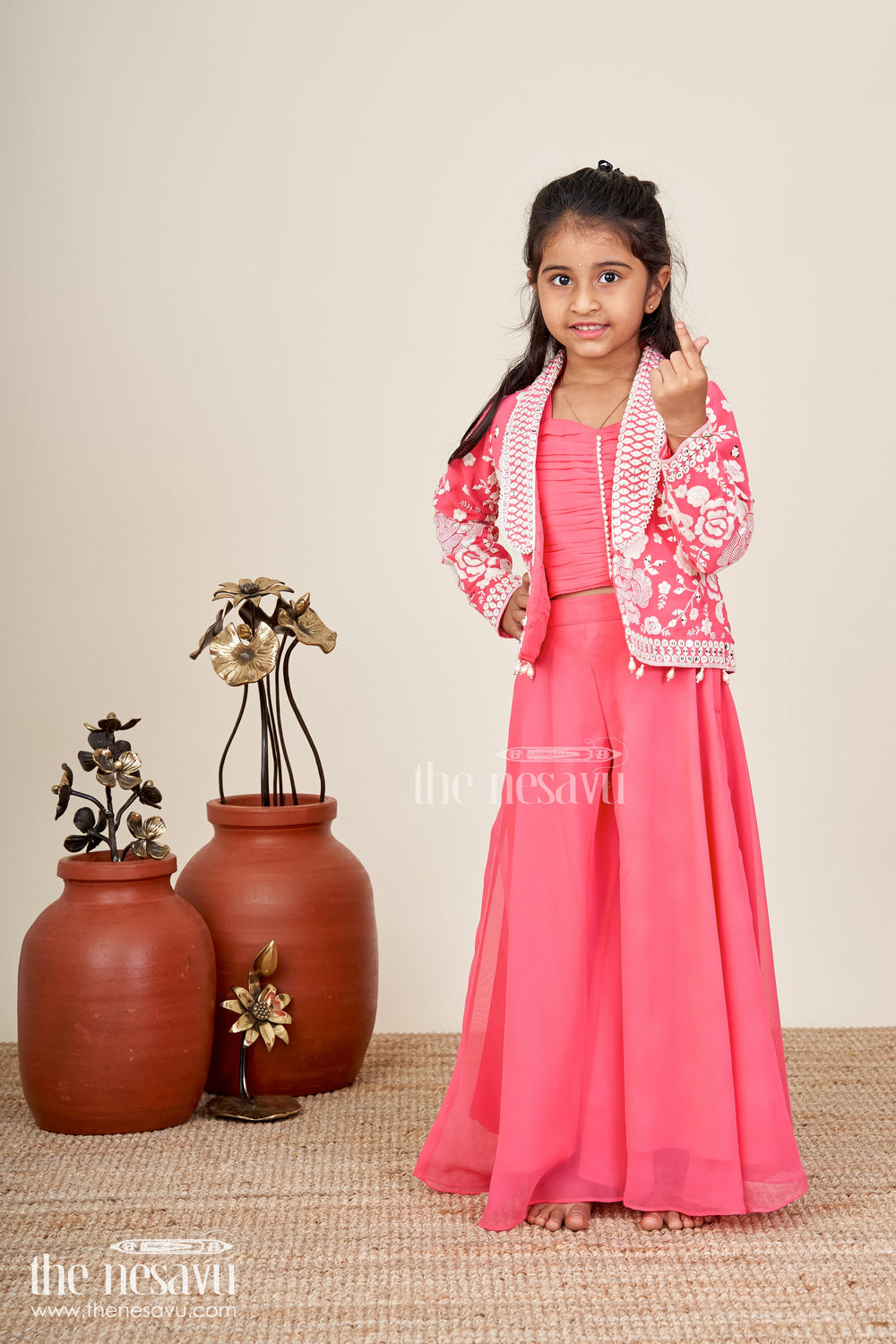 The Nesavu Girls Sharara / Plazo Set Girls Pink Sharara Set With Designer Embroidery For Celebrations Nesavu Nesavu Girls Pink Sharara Set Embroidered Jacket Georgette Festive Outfit Weddings Events