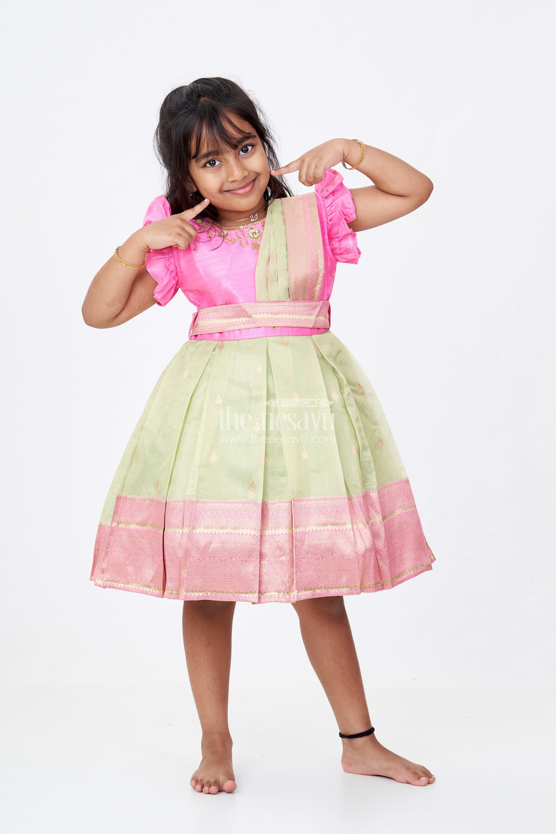 The Nesavu Silk Party Frock Girls Pink Silk Frock with Zari Border and Delicate Embroidery Nesavu 16 (1Y) / Pink SF955C-16 Nesavu Girls Pink Silk Frock Embroidery Traditional Zari Border