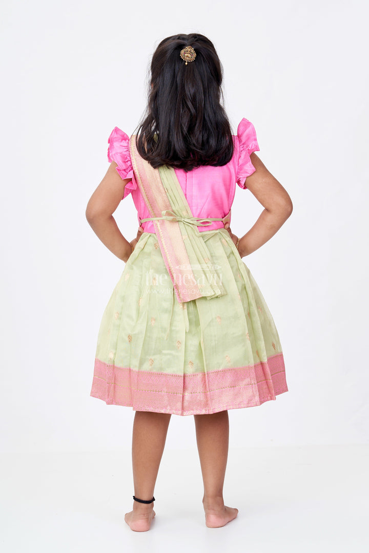 The Nesavu Silk Party Frock Girls Pink Silk Frock with Zari Border and Delicate Embroidery Nesavu Nesavu Girls Pink Silk Frock Embroidery Traditional Zari Border
