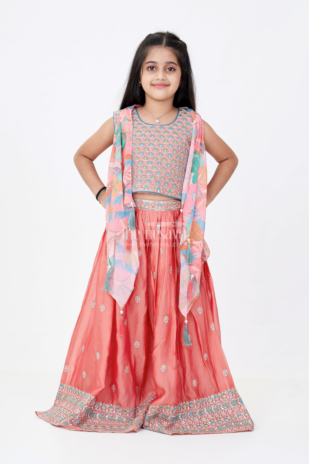 The Nesavu Girls Sharara / Plazo Set Girls Plazo and Shrug Set with Embroidered Georgette and Digital Printed Jacket for Festive Wear Nesavu 24 (5Y) / Peach GPS544B-24 Nesavu Girls Plazo Shrug Set Embroidered Georgette Digital Printed Jacket Festive Wear