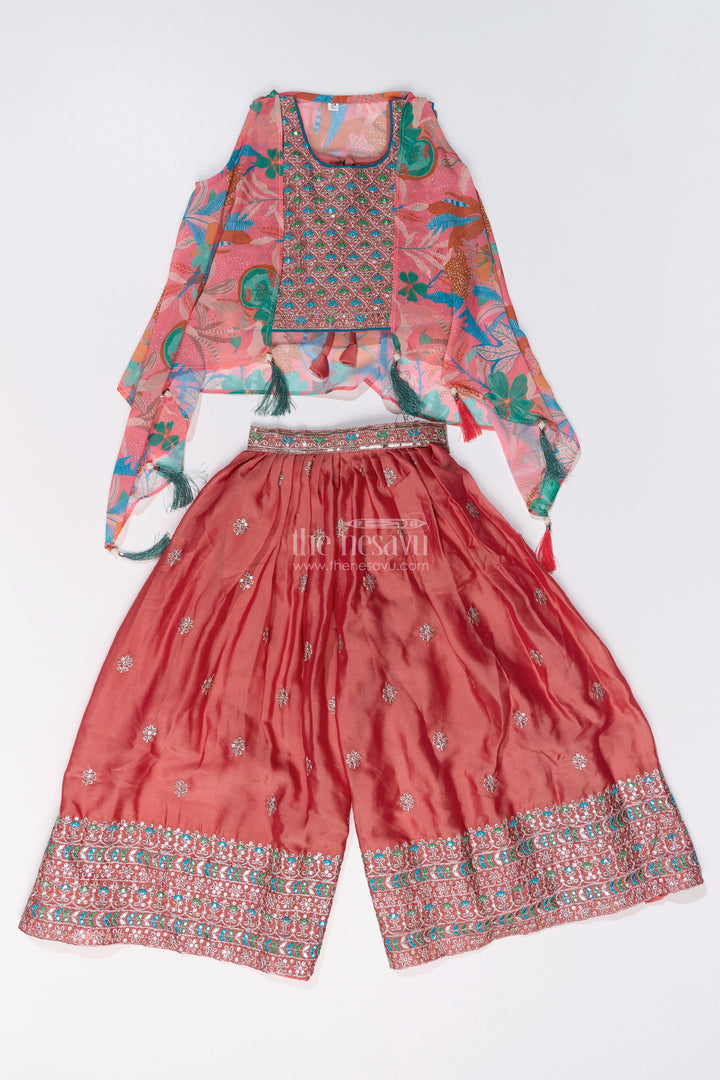 The Nesavu Girls Sharara / Plazo Set Girls Plazo and Shrug Set with Embroidered Georgette and Digital Printed Jacket for Festive Wear Nesavu Nesavu Girls Plazo Shrug Set Embroidered Georgette Digital Printed Jacket Festive Wear