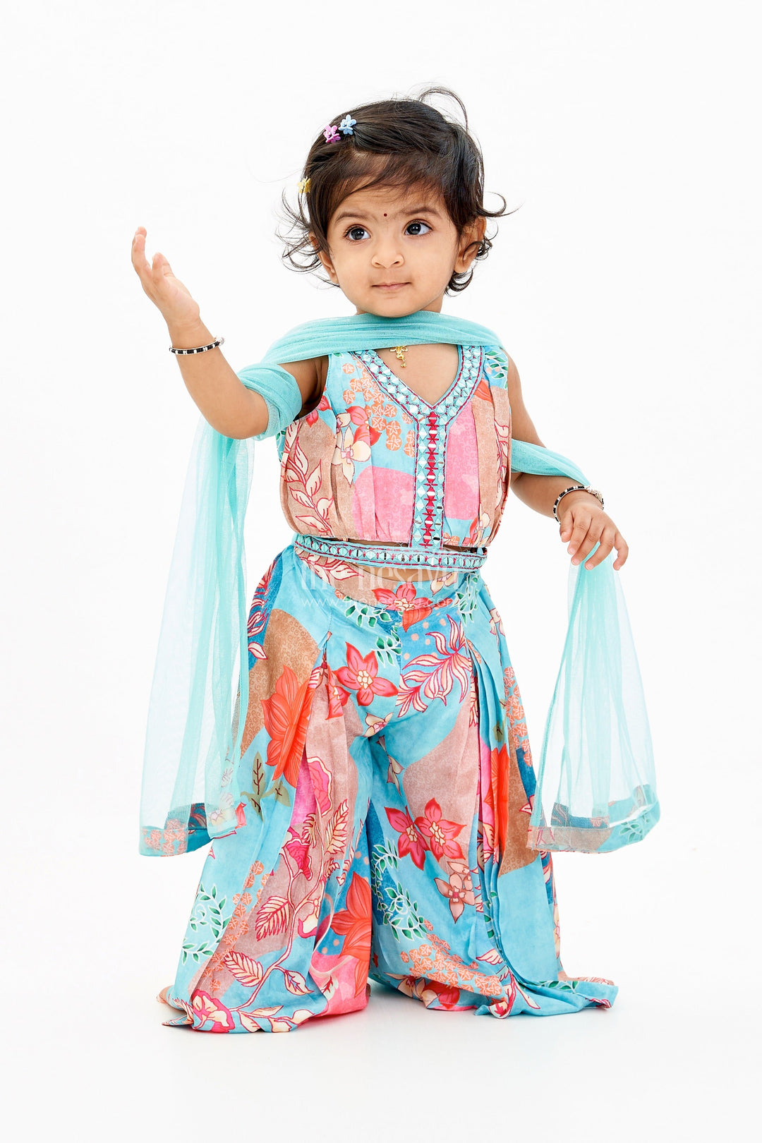 The Nesavu Girls Sharara / Plazo Set Girls Plazo Choli with Jacket and Floral Print Design for a Graceful Ethnic Look Nesavu 16 (1Y) / Blue GPS542A-16 Nesavu Girls Plazo Choli Jacket Floral Print Weddings Festive Wear