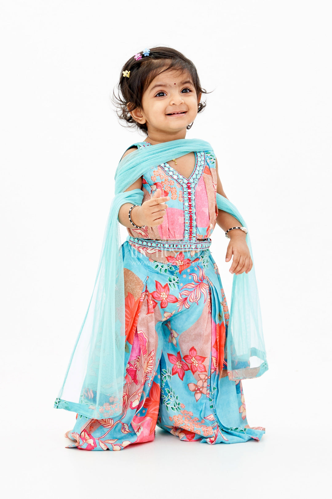 The Nesavu Girls Sharara / Plazo Set Girls Plazo Choli with Jacket and Floral Print Design for a Graceful Ethnic Look Nesavu Nesavu Girls Plazo Choli Jacket Floral Print Weddings Festive Wear