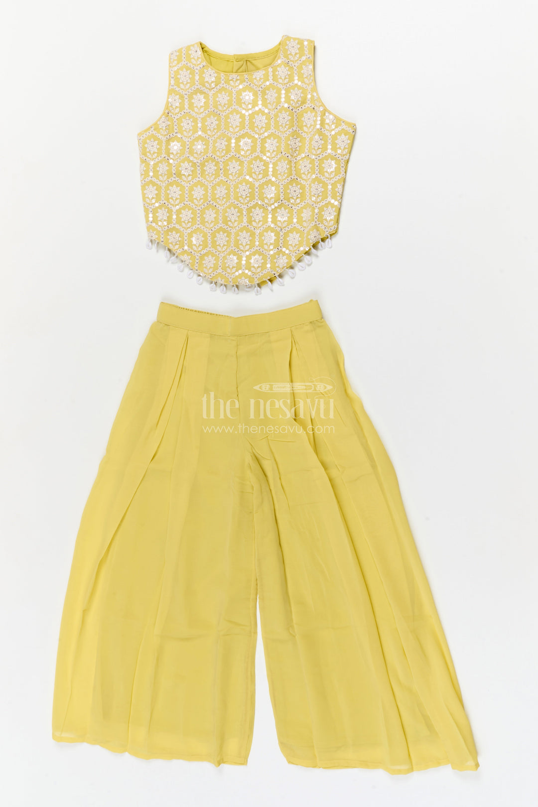 The Nesavu Girls Sharara / Plazo Set Girls Plazo Set for Sangeet and Festive Day Events Nesavu 26 (6Y) / Yellow / Georgette GPS948A-26 Nesavu girls georgette plazo set for sangeet and festive functions with pearl embroidered blouse
