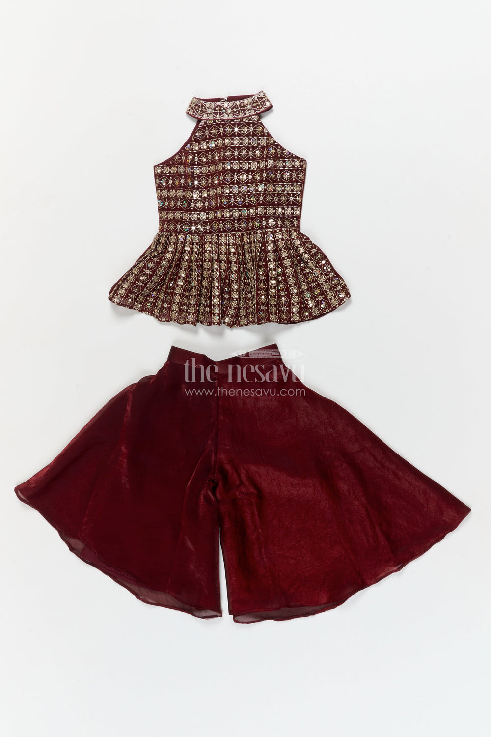 The Nesavu Girls Sharara / Plazo Set Girls Plazo Set for Traditional Functions and Festive Events Nesavu 16 (1Y) / Maroon / Organza GPS942B-16 Nesavu girls plazo set with embroidered blouse in organza for weddings and festive occasions