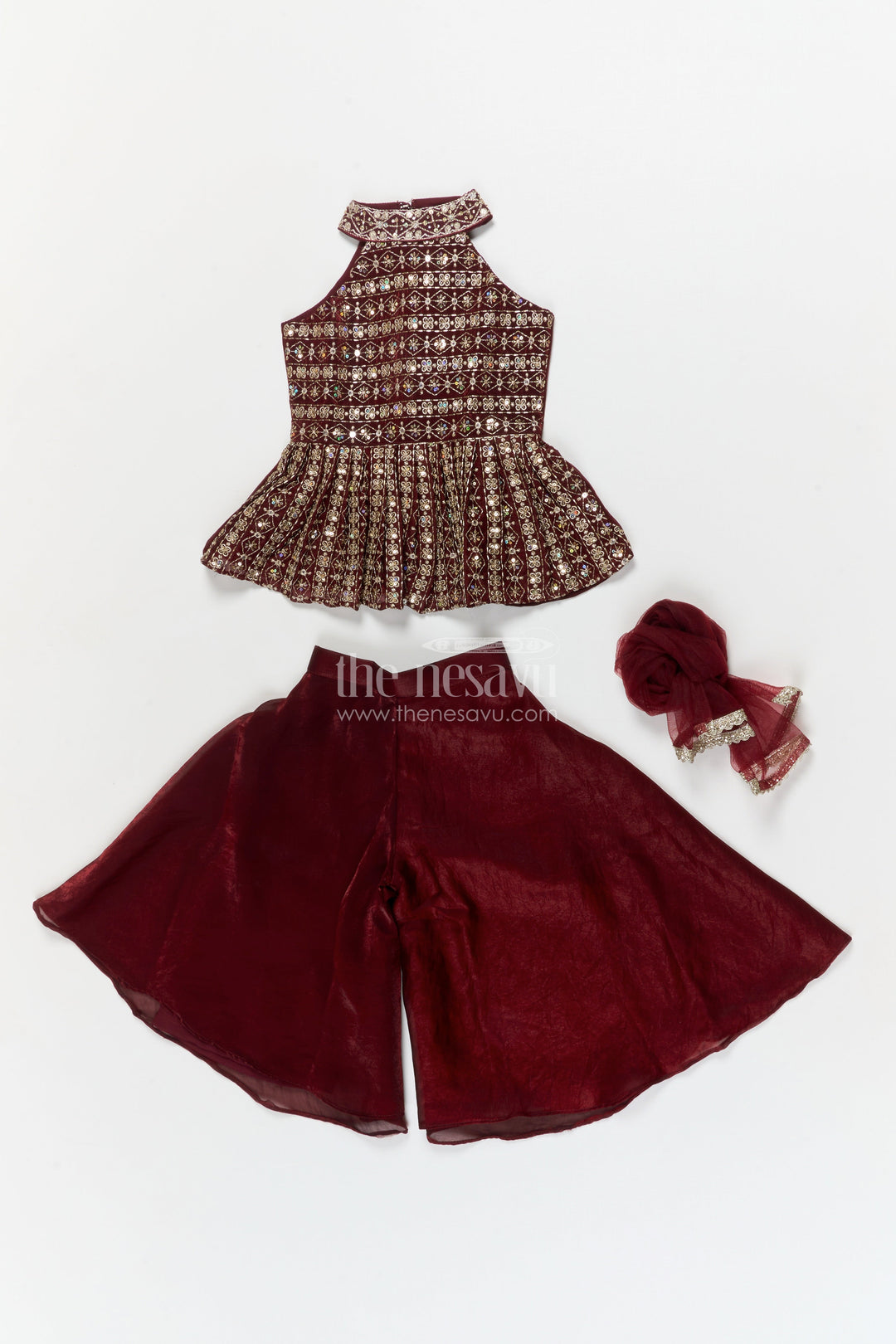 The Nesavu Girls Sharara / Plazo Set Girls Plazo Set for Traditional Functions and Festive Events Nesavu Nesavu girls plazo set with embroidered blouse in organza for weddings and festive occasions