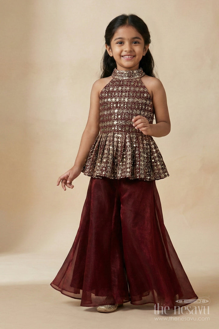 The Nesavu Girls Sharara / Plazo Set Girls Plazo Set for Traditional Functions and Festive Events Nesavu Nesavu girls plazo set with embroidered blouse in organza for weddings and festive occasions