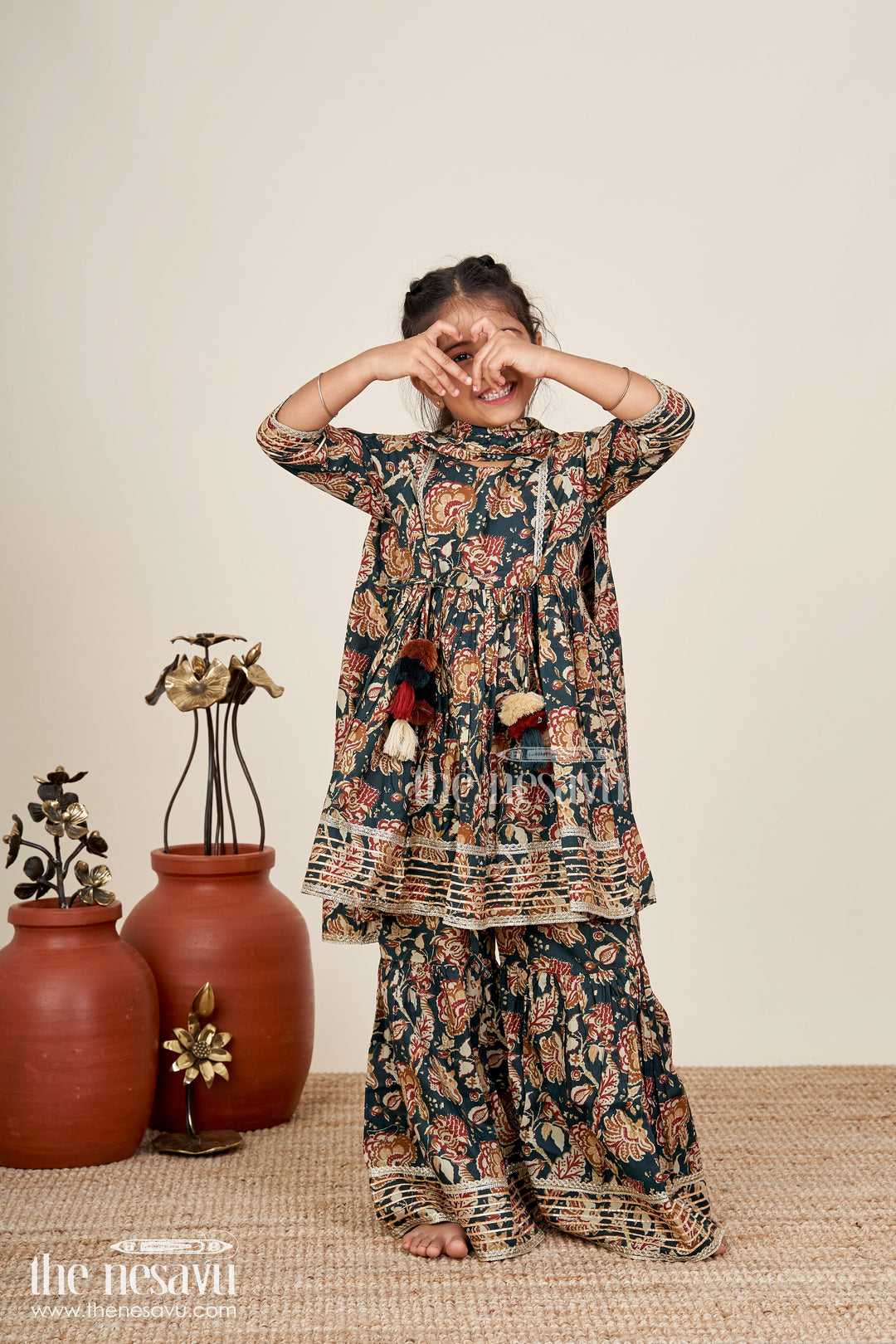 The Nesavu Girls Sharara / Plazo Set Girls plazo set with bold floral block print and festive flair Nesavu 16 (1Y) / Green GPS839A-16 Nesavu girls floral block printed plazo set tassels  traditional festive outfit soft cotton