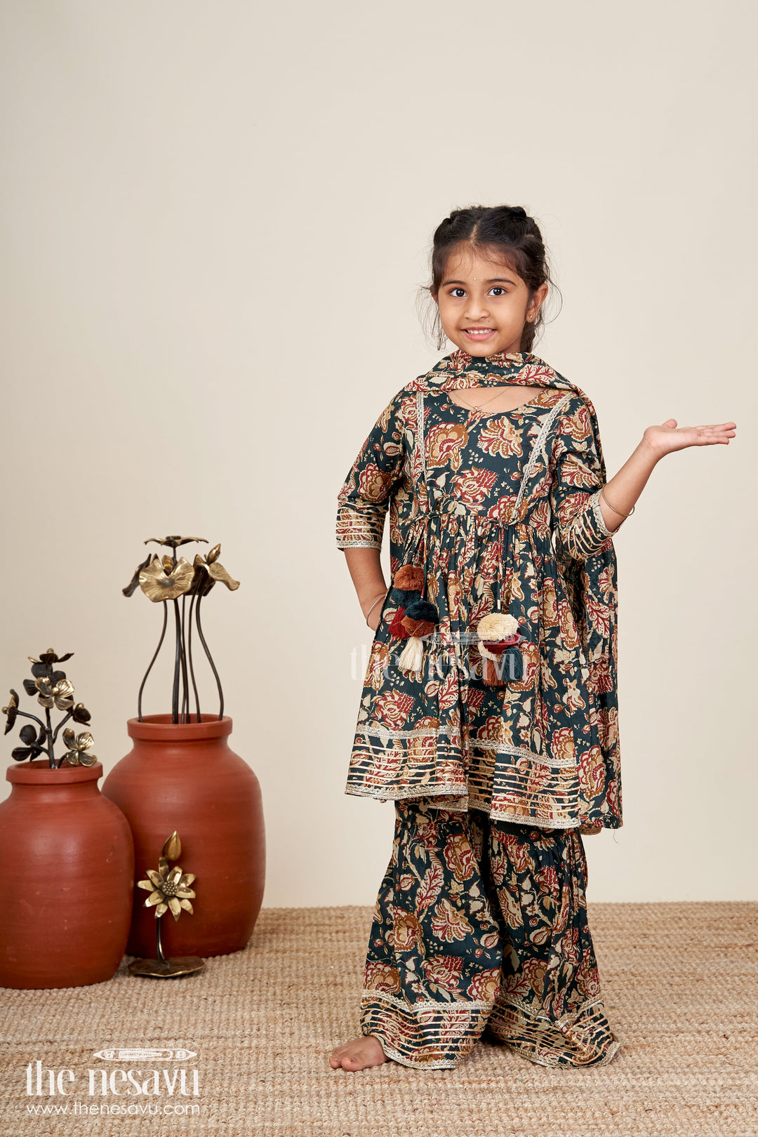 The Nesavu Girls Sharara / Plazo Set Girls plazo set with bold floral block print and festive flair Nesavu Nesavu girls floral block printed plazo set tassels  traditional festive outfit soft cotton