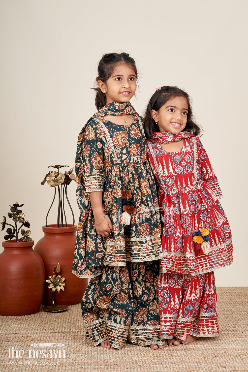 The Nesavu Girls Sharara / Plazo Set Girls plazo set with bold floral block print and festive flair Nesavu Nesavu girls floral block printed plazo set tassels  traditional festive outfit soft cotton