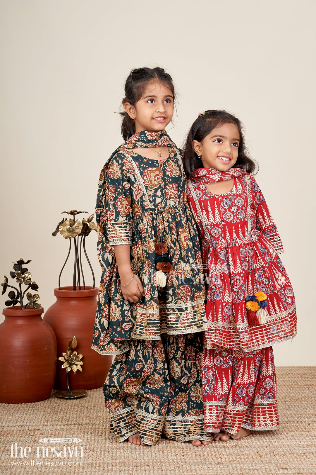 The Nesavu Girls Sharara / Plazo Set Girls plazo set with bold floral block print and festive flair Nesavu Nesavu girls floral block printed plazo set tassels  traditional festive outfit soft cotton