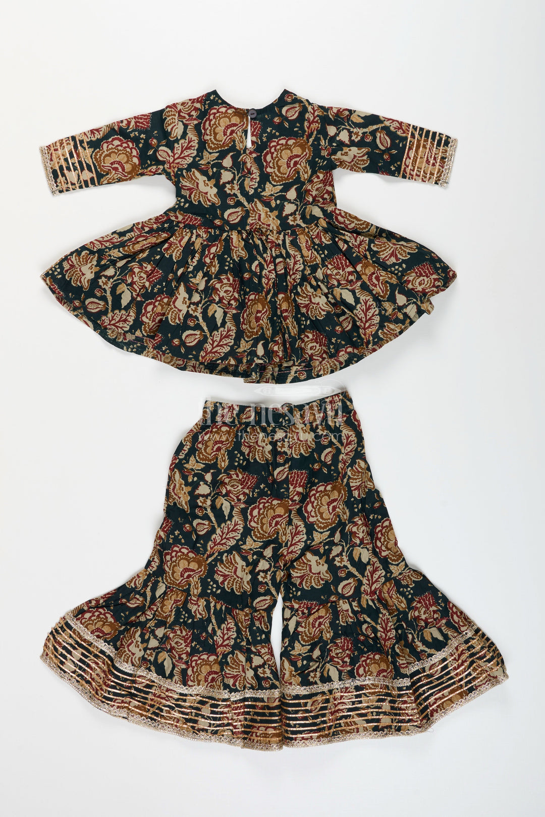The Nesavu Girls Sharara / Plazo Set Girls plazo set with bold floral block print and festive flair Nesavu Nesavu girls floral block printed plazo set tassels  traditional festive outfit soft cotton