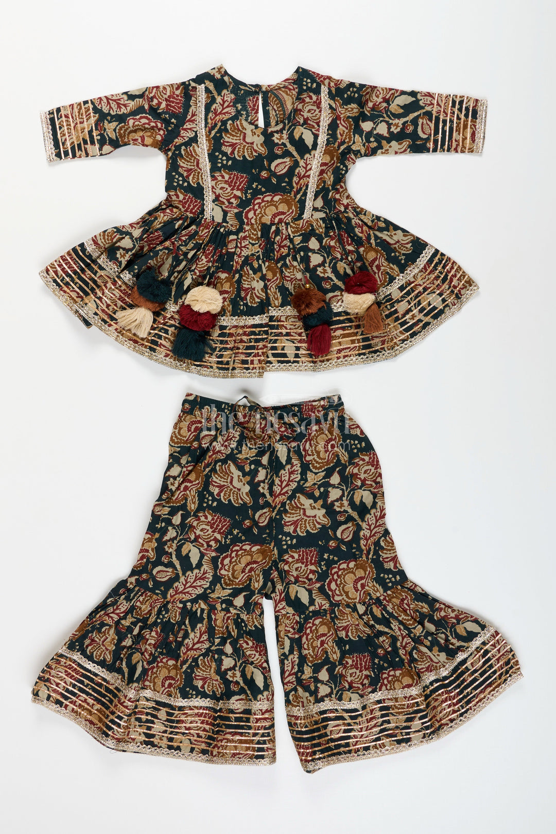 The Nesavu Girls Sharara / Plazo Set Girls plazo set with bold floral block print and festive flair Nesavu Nesavu girls floral block printed plazo set tassels  traditional festive outfit soft cotton