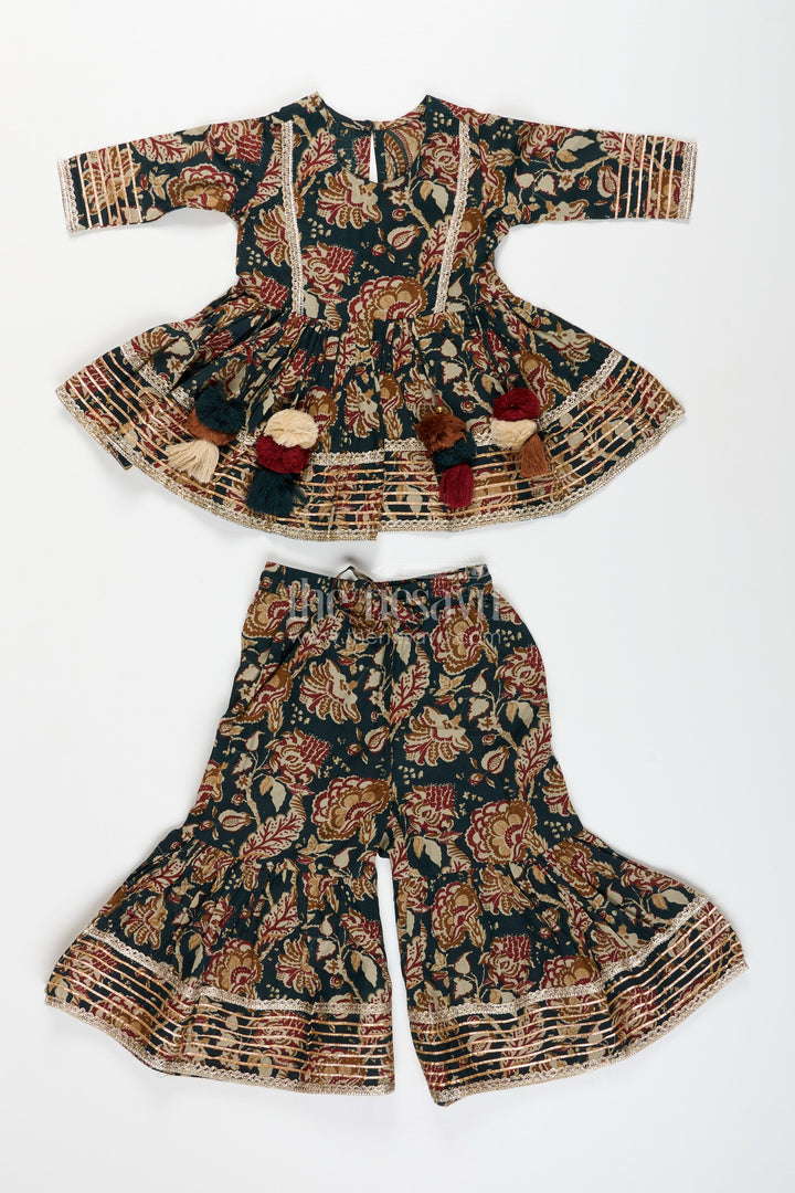 The Nesavu Girls Sharara / Plazo Set Girls plazo set with bold floral block print and festive flair Nesavu Nesavu girls floral block printed plazo set tassels  traditional festive outfit soft cotton
